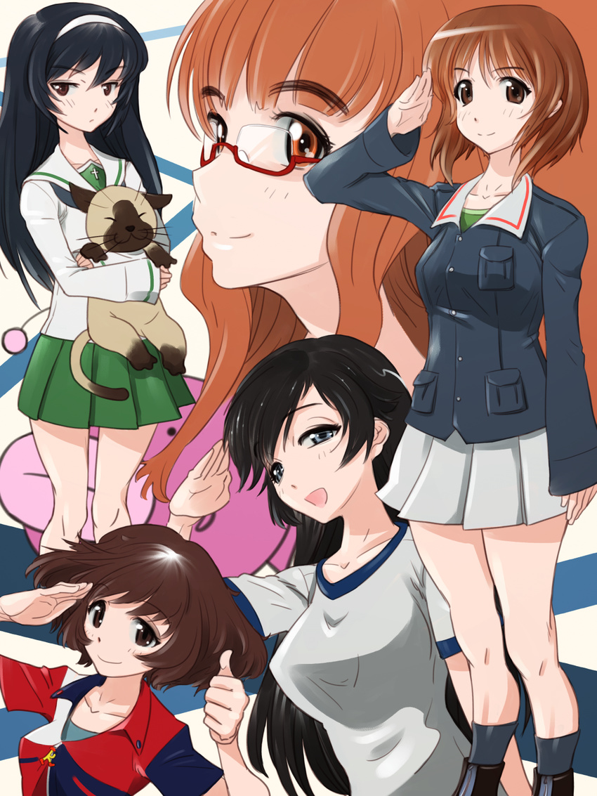 5girls akiyama_yukari alternate_costume anglerfish black_hair black_socks blue_eyes blush boots brown_eyes brown_hair close-up commentary_request emblem feline fish girls_und_panzer glasses green_skirt gym_uniform hairband highres holding isuzu_hana long_hair looking_at_viewer military military_uniform miniskirt multiple_girls nishizumi_miho ooarai_school_uniform open_mouth orange_eyes orange_hair pleated_skirt reizei_mako salute school_uniform serafuku short_hair skirt smile socks standing suesan takebe_saori thumbs_up uniform white_skirt