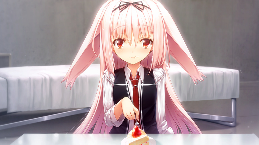 animal_ears blush cake ch@r food game_cg gleam_garden_no_shoujo long_hair luna_(gleam_garden_no_shoujo) pink_hair seifuku tie