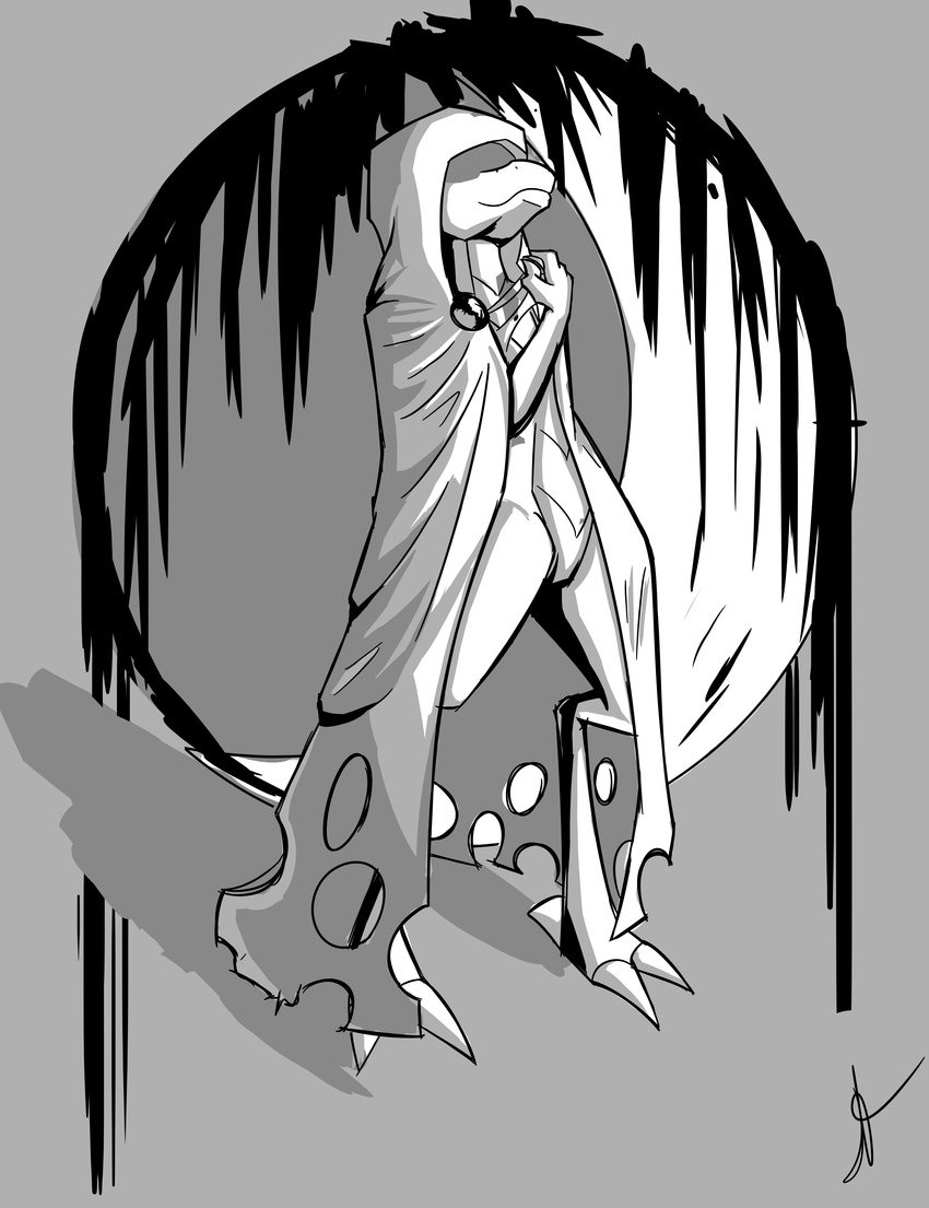 3_toes absurd_res ambiguous_gender back_toe cloak clothing double-zr-tap dragon feet grey_background hi_res lok_(double_zr_tap) monochrome mostly_nude mythological_creature mythological_scalie mythology scalie simple_background solo toes torn_clothing