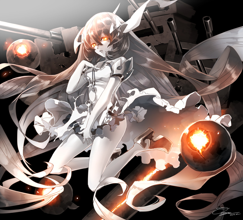 abyssal_ship anchorage_water_oni black_hair colored_skin commentary_request dress female grey_hair highres horns kantai_collection long_hair orange_eyes otani_(gloria) solo very_long_hair white_dress white_skin