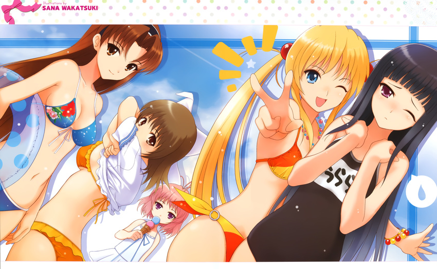 5girls ;d ^^^ absurdres ahoge amatsuka_fubuki amatsuka_hikaru amatsuka_hotaru amatsuka_rikka amatsuka_urara baby_princess bikini black_hair black_one-piece_swimsuit blonde_hair blue_eyes blush breasts brown_eyes cleavage clothes_lift competition_school_swimsuit day dress dutch_angle eyewear_on_head food front-tie_top hair_bobbles hair_ornament happy highres ice_cream ice_cream_cone long_hair looking_at_viewer medium_breasts multiple_girls name_tag navel one-piece_swimsuit one_eye_closed open_mouth photoshop_(medium) pink_hair purple_eyes scan school_swimsuit shirt_lift short_hair smile sunglasses swimsuit twintails v wakatsuki_sana