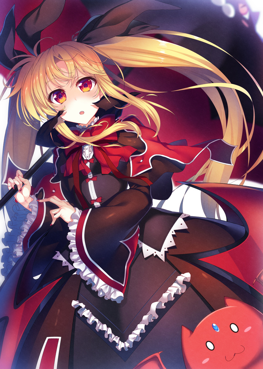 0_0 :3 :o bad_id bad_pixiv_id bat_(animal) black_capelet black_umbrella blazblue blonde_hair blush blush_stickers bow capelet color_connection commentary_request cosplay crossover dress fate_testarossa feline female forehead_jewel frilled_sleeves frills gii gothic_lolita hair_color_connection hair_ribbon high_collar highres holding holding_umbrella lolita_fashion long_hair long_sleeves look-alike looking_at_viewer lyrical_nanoha mahou_shoujo_lyrical_nanoha nago nail_polish parasol rachel_alucard rachel_alucard_(cosplay) raiou red_bow red_eyes ribbon sidelocks solid_oval_eyes twintails umbrella very_long_hair wide_sleeves