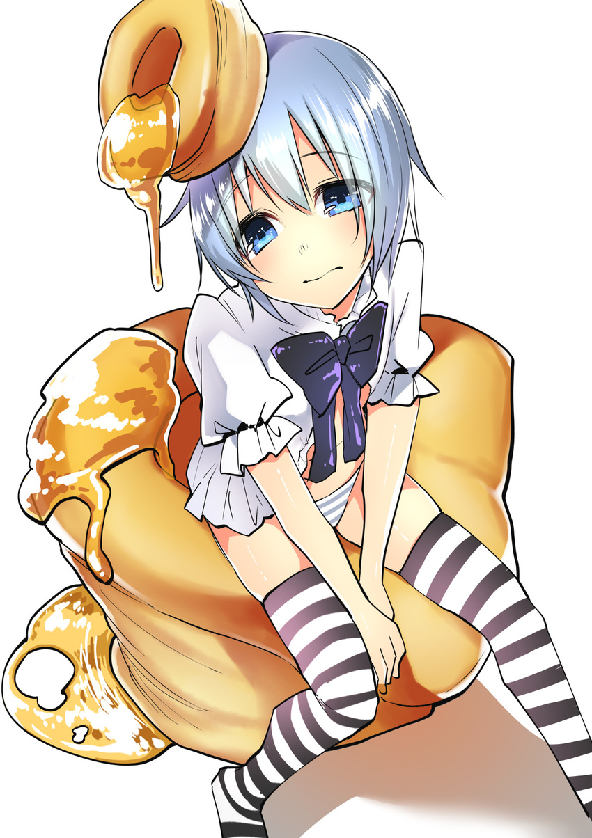 3: bangs between_legs biscuit bisuke-tan black_bow blue_eyes blue_hair blush bow bowtie closed_mouth eyebrows_visible_through_hair eyes_visible_through_hair female food food_on_head from_above hair_between_eyes hand_between_legs hands_together highres kfc legs_apart looking_away navel nightgown object_on_head panties puffy_short_sleeves puffy_sleeves raised_eyebrows ribbon-trimmed_sleeves ribbon_trim shadow shiori_(moechin) short_hair short_sleeves simple_background sitting skindentation solo straight_hair striped striped_legwear striped_panties syrup thighhighs underwear v_arms white_background zettai_ryouiki