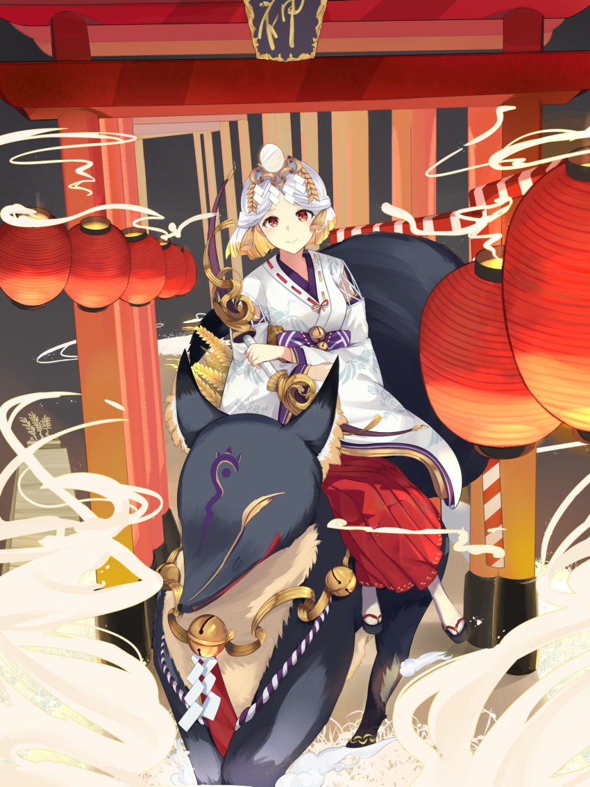 bell blonde_hair bow_(weapon) commentary_request detached_sleeves female fox hakama hakama_skirt highres holding holding_bow_(weapon) holding_weapon japanese_clothes jingle_bell lantern long_sleeves miketsu_(onmyoji) miko mirror mosta_(lo1777789) multiple_torii okobo onmyoji orange_eyes paper_lantern red_hakama ribbon-trimmed_clothes ribbon_trim riding rope sandals shide short_hair sidesaddle skirt solo torii weapon wheat white_hair wide_sleeves