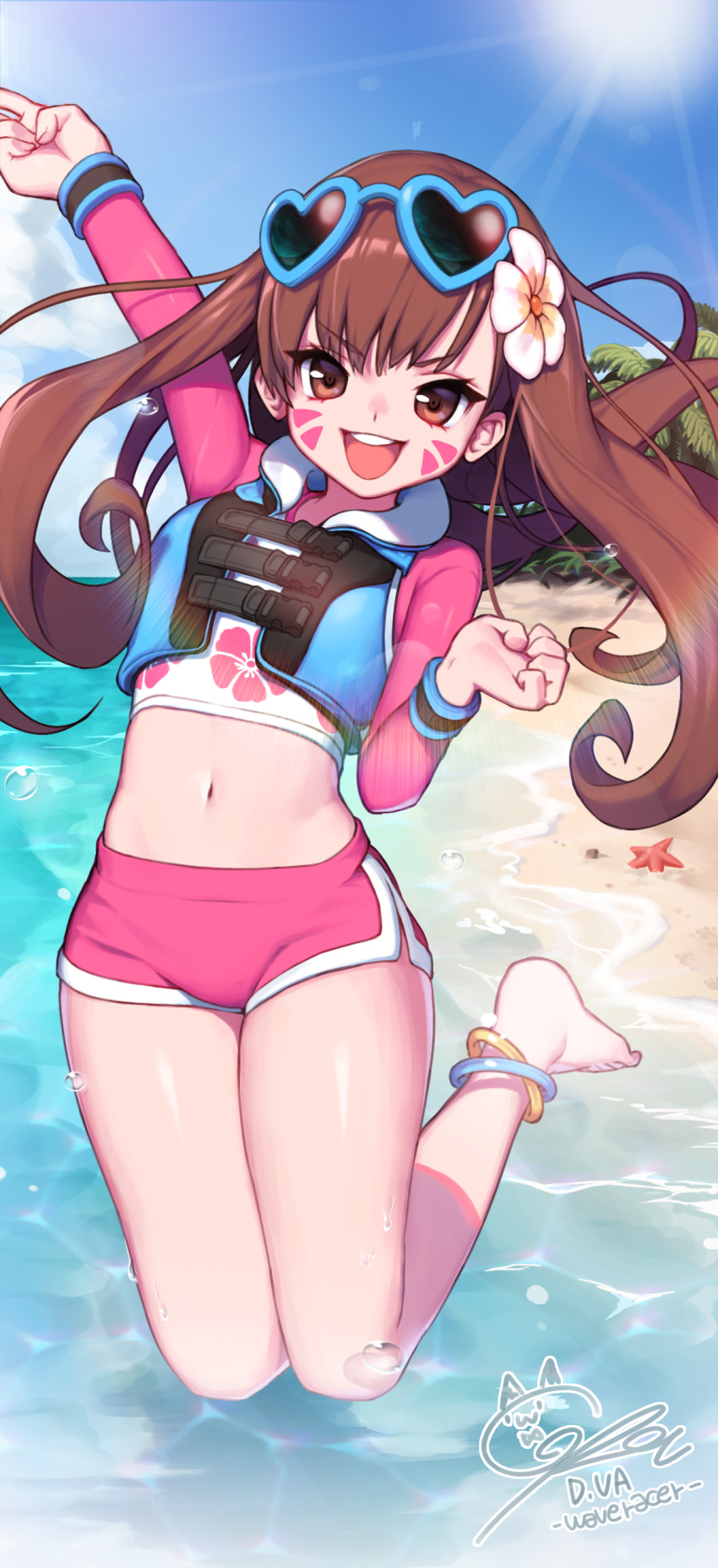 :d absurdres anklet barefoot beach blue_sky brown_eyes brown_hair character_name clenched_hand commentary_request crop_top d.va_(overwatch) day eyewear_on_head facial_mark female floral_print flower full_body hair_flower hair_ornament heart heart-shaped_eyewear highres jewelry jumping konbu_(hida123) long_hair long_sleeves looking_at_viewer midriff navel ocean official_alternate_costume open_mouth outdoors overwatch overwatch_1 raglan_sleeves rash_guard round_teeth short_shorts shorts signature sky smile solo starfish summer sun sunglasses teeth v water waveracer_d.va whisker_markings