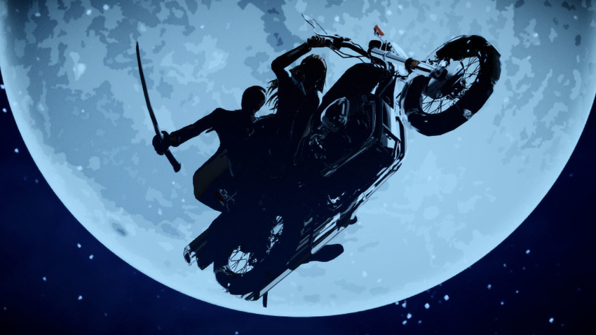 grasshopper_manufacture katana killer_is_dead mondo_zappa moon motor_vehicle motorcycle silhouette silhouettes sword vehicle video_game videogame vivienne_squall weapon