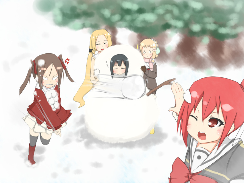 5girls angry arms_up black_hair blonde_hair blush brown_hair commentary_request earmuffs hair_ornament hair_ribbon inubouzaki_fuu inubouzaki_itsuki long_hair mittens miyoshi_karin multiple_girls one_eye_closed open_mouth red_eyes red_hair ribbon scarf school_uniform sleeping smile snow snowball snowman tougou_mimori twintails yuuki_yuuna yuuki_yuuna_wa_yuusha_de_aru yuusha_de_aru zafuri_(yzrnegy)