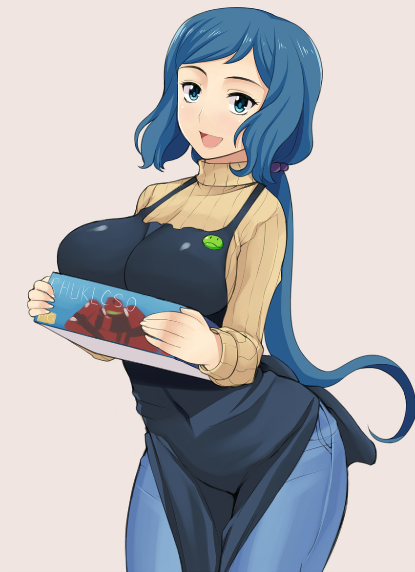 :d apron aqua_eyes bad_id bad_pixiv_id badge blue_eyes blue_hair box breasts button_badge commentary_request denim female gundam gundam_build_fighters hai_ookami haro_button_badge highres holding iori_rinko jeans large_breasts long_hair looking_at_viewer mature_female open_mouth pants pink_background ponytail ribbed_sweater simple_background smile solo sweater very_long_hair