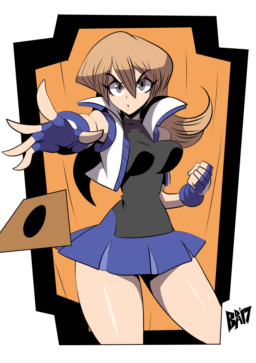 absurdres bigdead blonde_hair breasts brown_eyes card cowboy_shot duel_academy_uniform_(yu-gi-oh!_gx) female fingerless_gloves gloves highres large_breasts long_hair school_uniform skirt solo tenjouin_asuka thighs throwing yu-gi-oh! yu-gi-oh!_gx