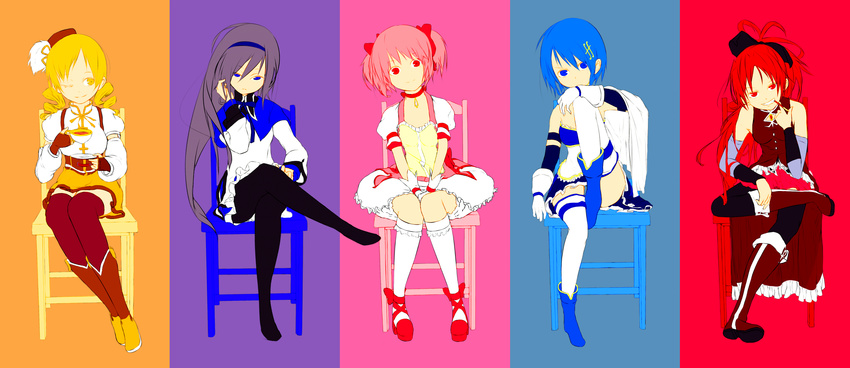 5girls akemi_homura akemi_homura_(magical_girl) amazarash1 armband bare_shoulders beret black_hair blonde_hair blue_eyes blue_hair boots bow cape chair choker commentary_request compilation crossed_legs cup drill_hair food fortissimo gloves grin hair_ornament hairband hairbow hairclip hat highres kaname_madoka kaname_madoka_(magical_girl) long_hair looking_at_viewer magical_girl mahou_shoujo_madoka_magica mahou_shoujo_madoka_magica_(anime) mahou_shoujo_madoka_magica_movie_1_&_2 miki_sayaka miki_sayaka_(magical_girl) multiple_girls musical_note musical_note_hair_ornament one_eye_closed pantyhose pink_eyes pink_hair pocky ponytail purple_eyes red_eyes red_hair sakura_kyoko sakura_kyoko_(magical_girl) scissors short_hair short_twintails sitting smile tea teacup television thighhighs tomoe_mami tomoe_mami_(magical_girl) twin_drills twintails yellow_eyes zettai_ryouiki