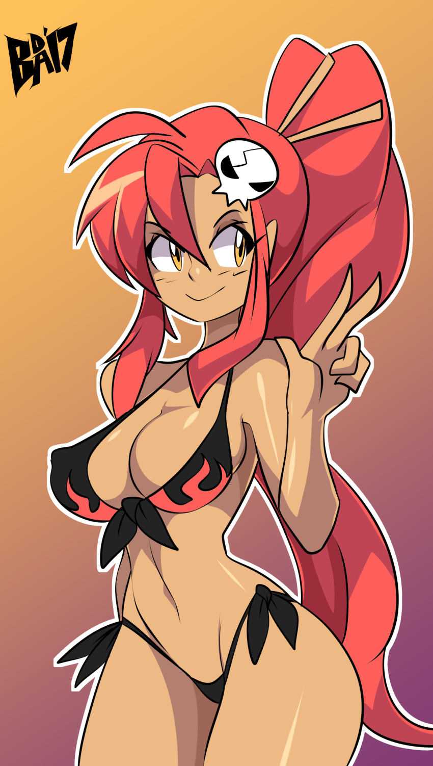 absurdres bigdead bikini breasts dark-skinned_female dark_skin female front-tie_top hair_ornament hairpin highres long_hair navel red_hair side-tie_bikini_bottom skull skull_hair_ornament smile solo swimsuit tan tengen_toppa_gurren_lagann v very_long_hair yoko_littner