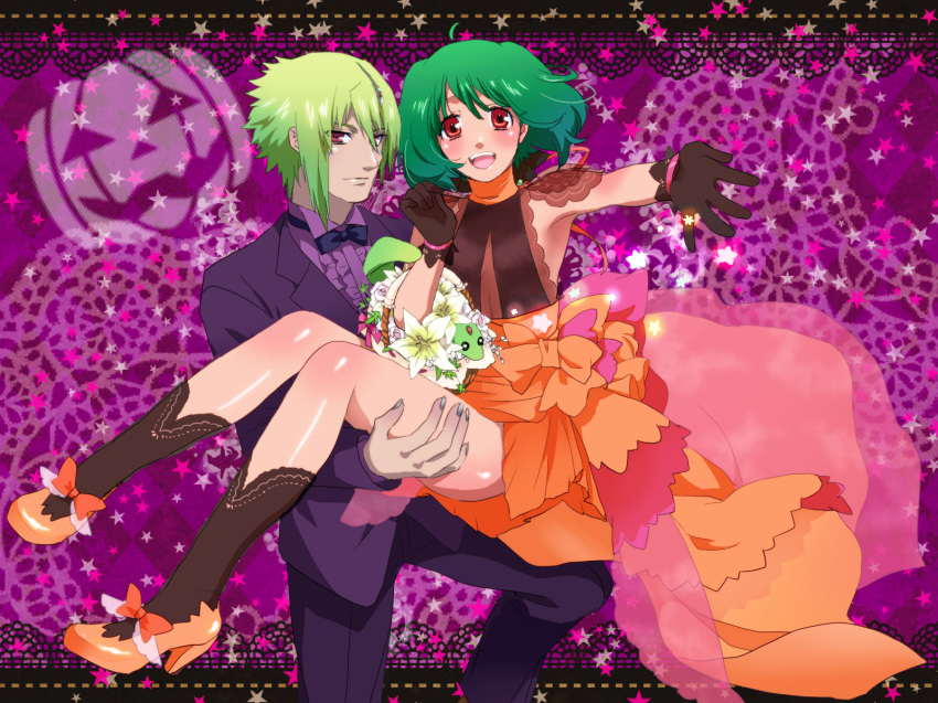 1boy ahoge ai-kun alternate_costume black_gloves bow bowtie brera_sterne brother_and_sister carrying cero_(cerocero) cleavage_cutout clothing_cutout commentary_request dress female flower formal gloves green_hair high_heels highres looking_at_viewer macross macross_frontier nail_polish official_style open_mouth orange_dress outstretched_arm princess_carry ranka_lee red_eyes see-through short_hair siblings smile sparkle tuxedo