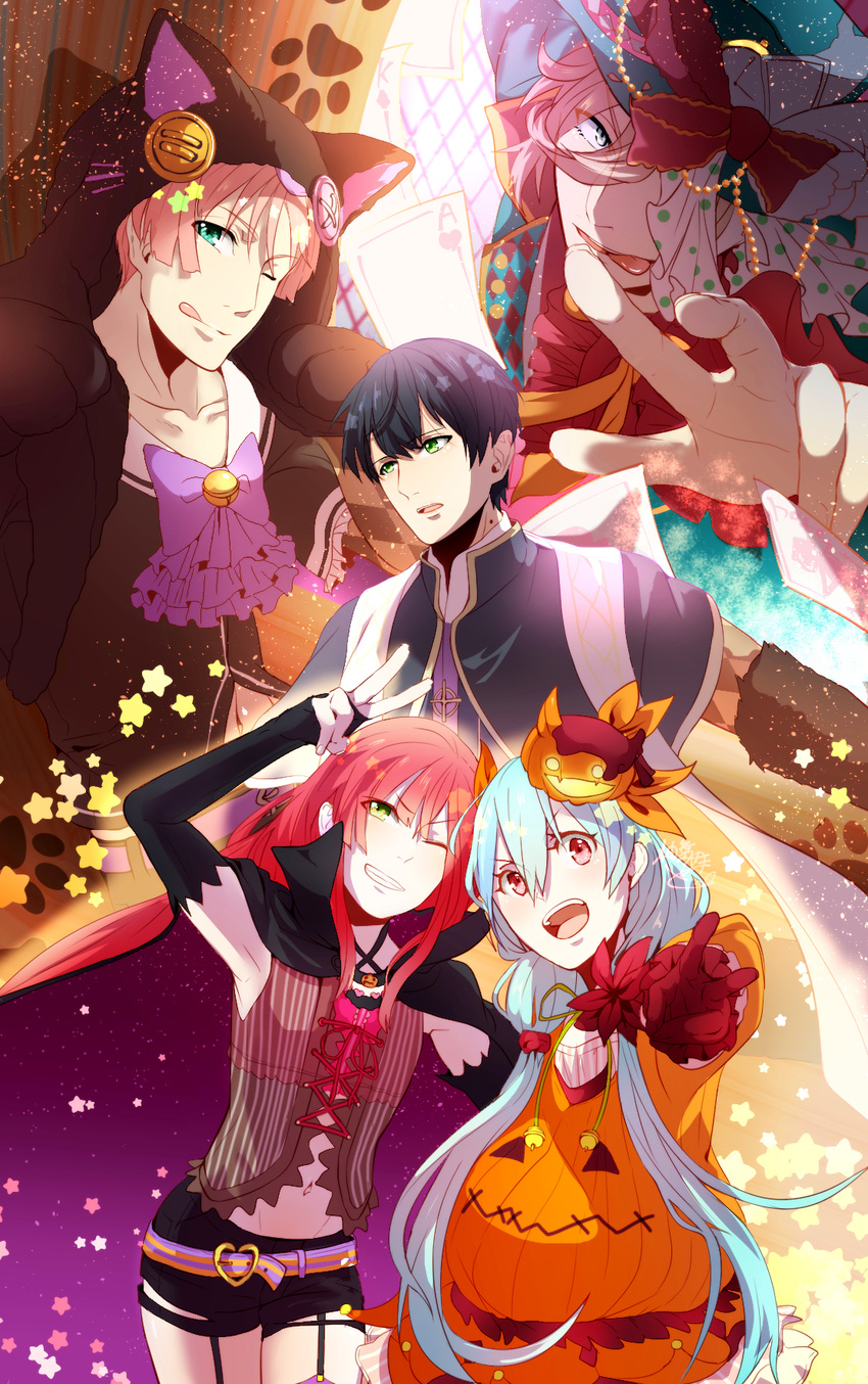 5boys :d ;) ace_(playing_card) ace_of_hearts alternate_costume animal_costume aqua_eyes ascot band_yarouze! belt black_gloves black_hair blue_hair blue_hat bow card cat_costume commentary_request elbow_gloves fingerless_gloves garter_straps gloves green_eyes grey_eyes hat hat_bow heart highres licking_lips midriff mint_(band_yarouze!) multiple_boys navel one_eye_closed open_mouth otoko_no_ko outstretched_hand pink_hair playing_card pumpkin_hat red_eyes red_gloves saeki_tsubasa shelly_(band_yarouze!) smile smuya standing takara_kyo tongue tongue_out v