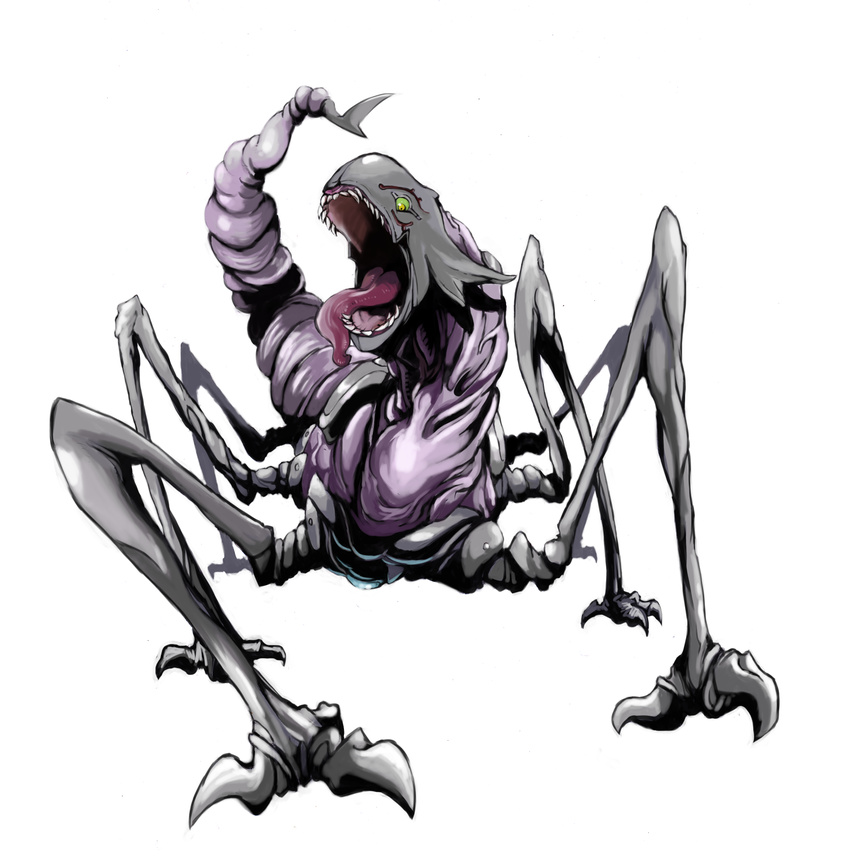 armagemon bandai claws demon digimon evil green_hair horns monster multiple_legs no_humans open_mouth sharp_teeth simple_background tail tongue