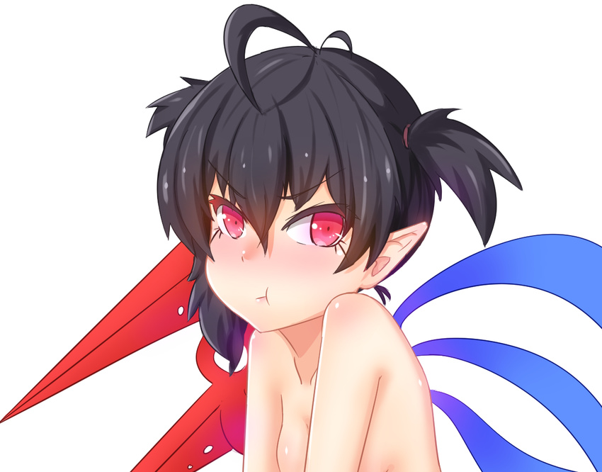 :t alternate_hairstyle asymmetrical_wings black_hair blush breasts commentary female hair_between_eyes houjuu_nue long_hair nude nuenya pointy_ears pout red_eyes short_twintails small_breasts solo touhou twintails upper_body v-shaped_eyebrows white_background wings