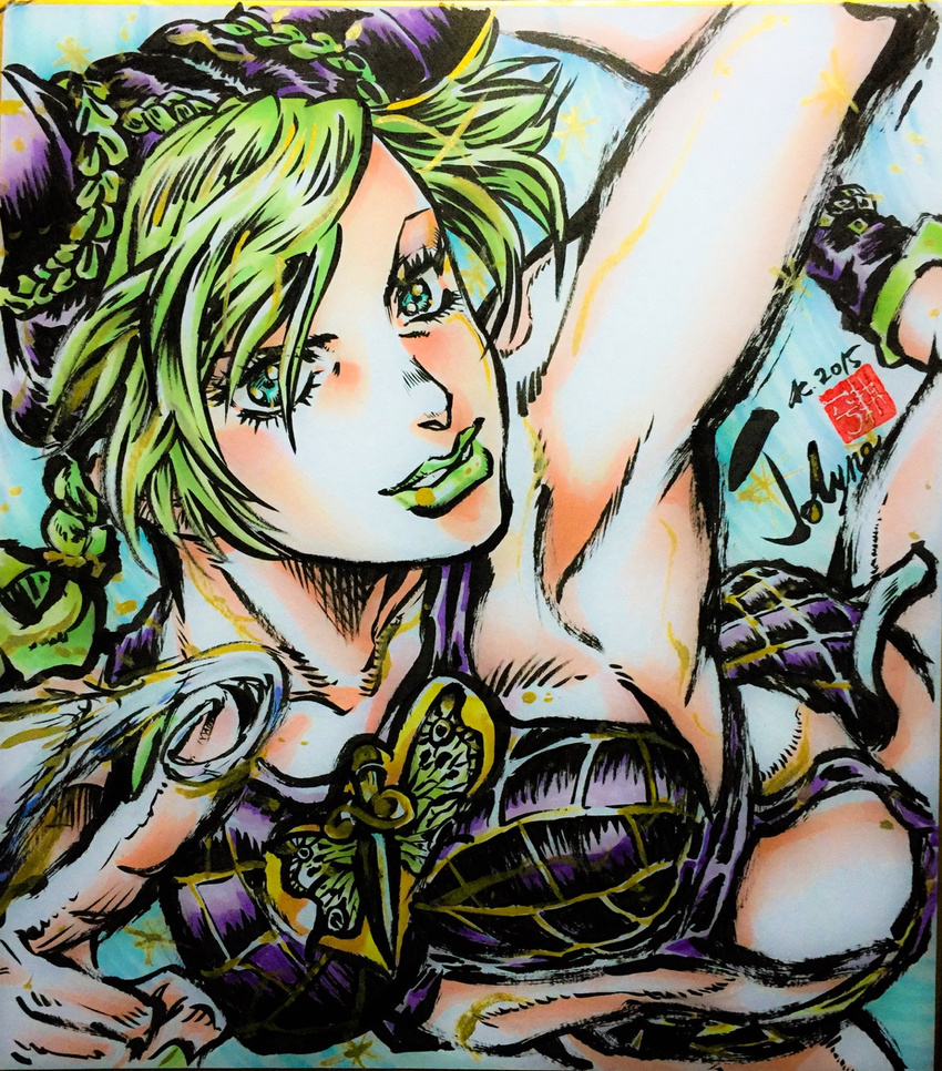 2015 ashiya_kouhei blue_eyes character_name commentary_request female green_eyes highres jojo_no_kimyou_na_bouken kujo_jolyne lipstick makeup marker_(medium) shikishi signature solo spider_web_print stone_ocean traditional_media