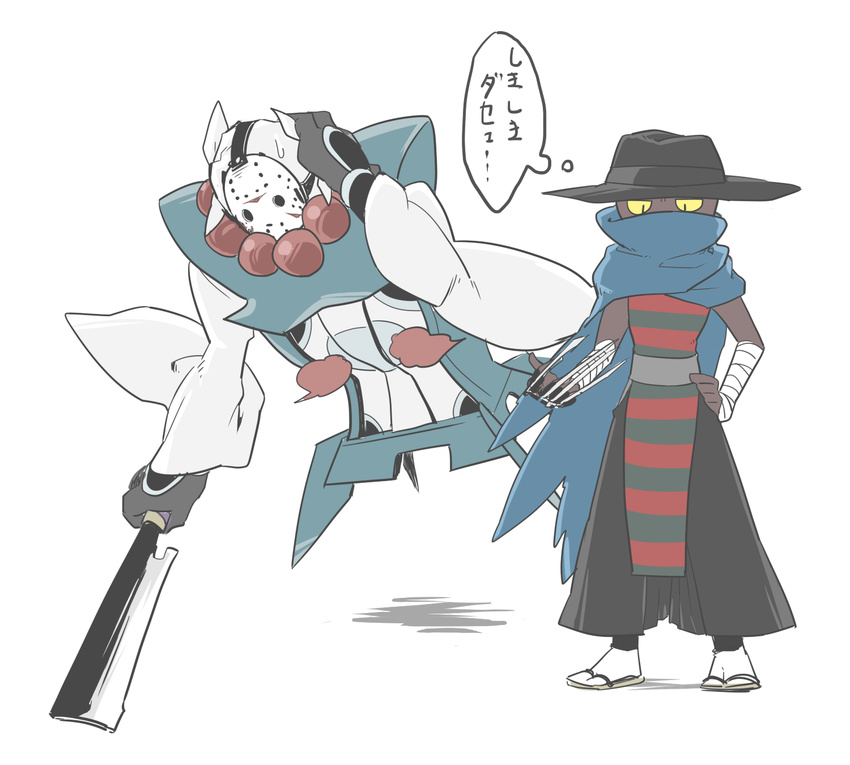 1boy a_nightmare_on_elm_street bad_id bad_pixiv_id bandages benkei_(youkai_watch) claws cosplay freddy_krueger freddy_krueger_(cosplay) friday_the_13th hat highres hockey_mask jason_voorhees jason_voorhees_(cosplay) machete masamune_(youkai_watch) mask sandals toyo_(toyoyomi) traditional_youkai youkai_(youkai_watch) youkai_watch