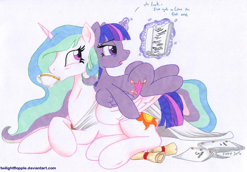 2015 alicorn beverage book container cup dialogue duo english_text equid equine feathered_wings feathers female feral food friendship_is_magic hasbro horn lying mammal my_little_pony mythological_creature mythological_equine mythology princess_celestia_(mlp) reading scroll tea tea_cup text traditional_media_(artwork) twilight_sparkle_(mlp) twilightflopple url wings