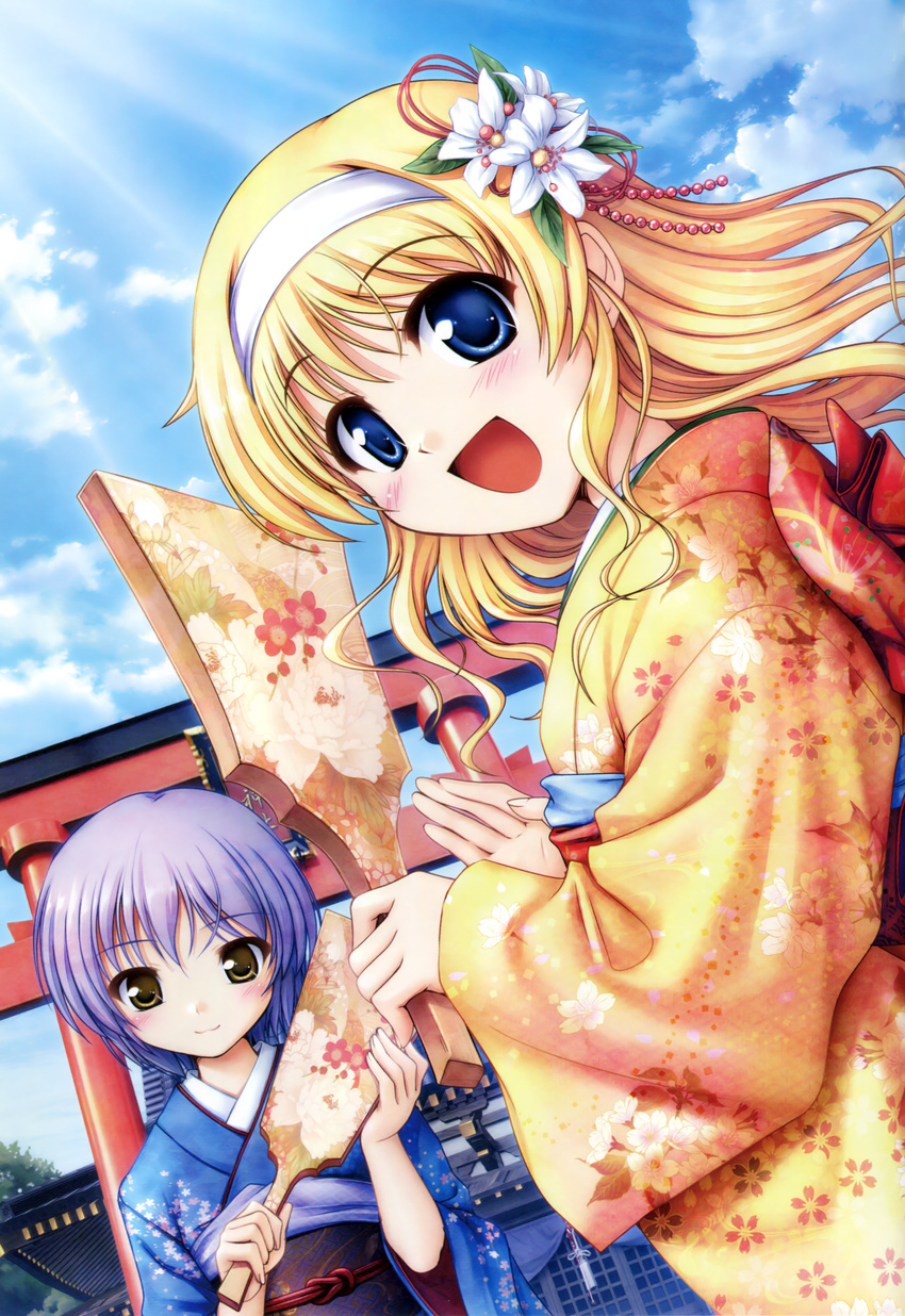 2girls :3 :d absurdres bekkankou blonde_hair blue_eyes brown_eyes cloud copyright_name daitoshokan_no_hitsujikai day english_text floral_print flower hagoita hair_flower hair_ornament hairband highres japanese_clothes kimono light_purple_hair light_rays misono_senri multiple_girls new_year open_mouth paddle sky smile sunbeam sunlight suzuki_kana torii