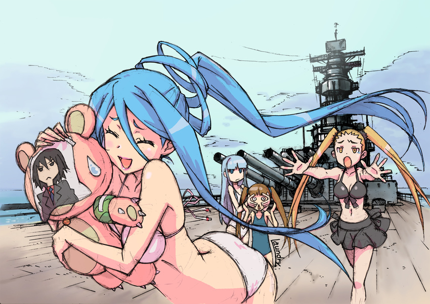 4girls aoki_hagane_no_arpeggio battleship between_breasts bikini bikini_skirt blonde_hair blue_eyes blue_hair breasts brown_hair chihaya_gunzou closed_eyes commentary_request doll haruna_(aoki_hagane_no_arpeggio) highres iona_(aoki_hagane_no_arpeggio) kirishima_(aoki_hagane_no_arpeggio) laundry_(randorii) long_hair military military_vehicle multiple_girls osakabe_makie personification photoshop_(medium) school_swimsuit ship short_hair swimsuit takao_(aoki_hagane_no_arpeggio) twintails warship watercraft yellow_eyes yotarou_(aoki_hagane_no_arpeggio)