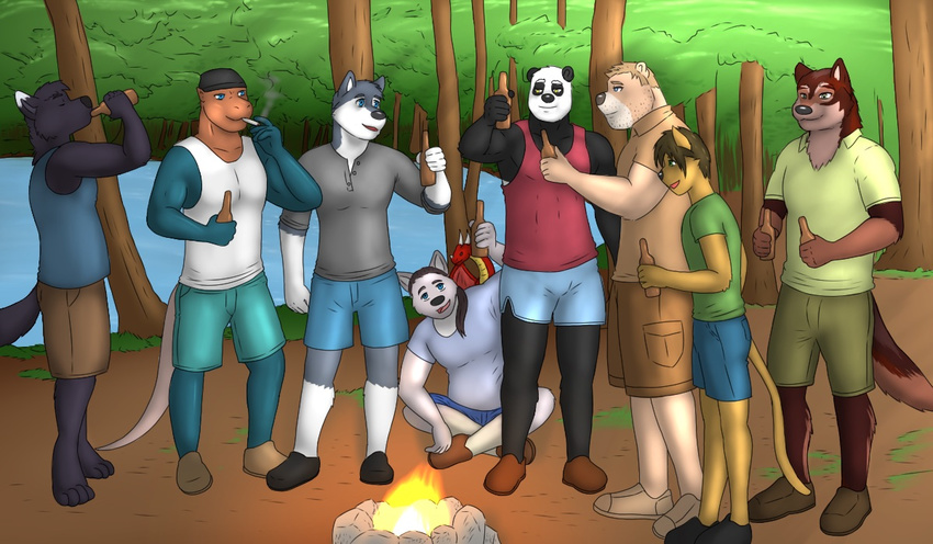 2015 alcohol anthro bear beer beverage black_body black_fur black_hair blue_eyes bottle brown_body brown_fur brown_hair camp camping canid canine canis cigarette closed_eyes clothing container detailed_background domestic_cat domestic_dog dragon felid feline felis fire footwear forest fur garret_(rain-yatsu) giant_panda glass grey_eyes grin group hair holding_bottle holding_container holding_object husky lizard male mammal muscular mythological_creature mythological_scalie mythology nature nordic_sled_dog outside pecs plant rain-yatsu rainier_(rain-yatsu) reptile rick_(rain-yatsu) rock scalie seattle_(character) smile smoke smoking spitz tail tim_(rain-yatsu) tree white_body white_fur white_hair wolf yellow_eyes