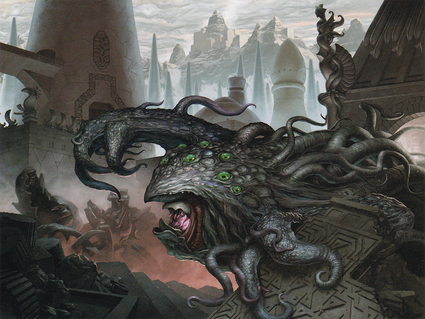 building call_of_cthulhu green_eyes monster mountain ruins shoggoth temple tentacle yuji_kaida