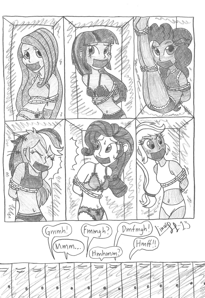 2013 applejack_(eg) black_and_white bodily_fluids bondage bondage bound bra clothing equestria_girls female fluttershy_(eg) freckles gag hair hasbro hi_res human limpurtikles lingerie locker mammal monochrome multicolored_hair my_little_pony navel panties pinkie_pie_(eg) rainbow_dash_(eg) rarity_(eg) rope sweat tape twilight_sparkle_(eg) underwear