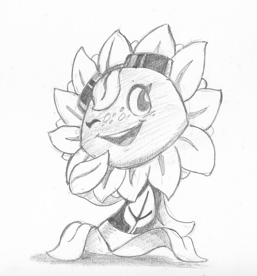 black_and_white electronic_arts elemental_creature eyelashes eyewear female flora_fauna flower flower_creature freckles goggles hi_res monochrome not_furry one_eye_closed open_mouth plant plants_vs._zombies plants_vs._zombies_heroes popcap_games smile solar_flare_(pvz) solo sunflower sunflower_(pvz) vono