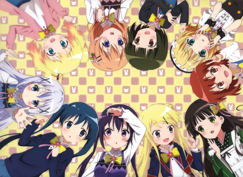 6+girls :d :o alice_cartelet ama_usa_an_uniform black_hair blonde_hair blue_eyes blue_hair blunt_bangs blush bow bowtie brown_eyes brown_hair circle_formation company_connection crossover fleur_de_lapin_uniform from_above gochuumon_wa_usagi_desu_ka? green_eyes hair_ornament hairclip hairpin highres hoto_cocoa inokuma_youko kafuu_chino kin-iro_mosaic kirima_syaro komichi_aya kujou_karen long_hair long_sleeves look-alike looking_at_viewer lying maid_headdress manga_time_kirara multiple_girls okuda_yousuke on_back oomiya_shinobu open_mouth purple_eyes purple_hair rabbit_house_uniform scan short_hair simple_background smile taneda_risa tedeza_rize twintails ueda_kazuyuki ujimatsu_chiya upper_body voice_actor_connection x_hair_ornament yellow_background