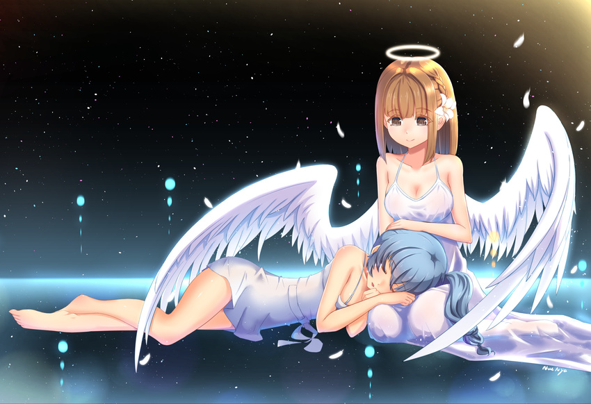 2girls angel angel_wings bare_shoulders barefoot black_eyes blue_hair braid brown_hair claire_rieveldt collarbone commentary_request dress eiyuu_densetsu feathered_wings flower hair_flower hair_ornament halo highres lap_pillow long_hair looking_at_another lying matsuki_miyu multiple_girls nuenya sen_no_kiseki side_ponytail sitting smile tears white_dress wings