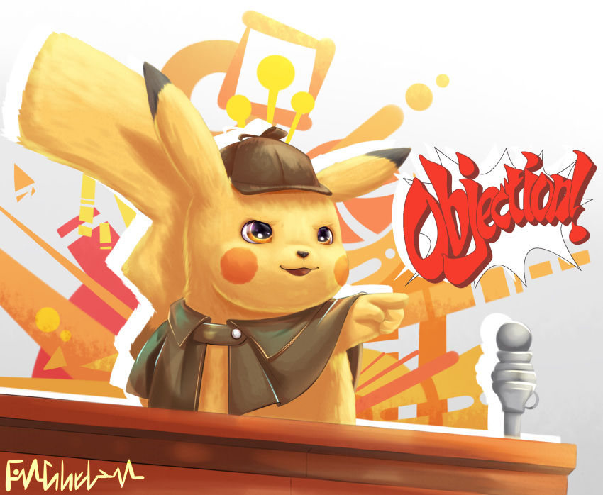 2018 5_fingers abstract_background absurd_res aotoaka bottomless brown_eyes capcom clothed clothing crossover deerstalker_hat detective_pikachu digital_drawing_(artwork) digital_media_(artwork) dipstick_ears ear_markings electronics english_text fingers fur generation_1_pokemon gesture gyakuten_saiban hand_gesture hat headgear headwear hi_res microphone multicolored_ears nintendo parody pikachu pointing pokemon pokemon_(species) pokemon_detective_pikachu purplepalepie red_cheeks solo text yellow_body yellow_fur