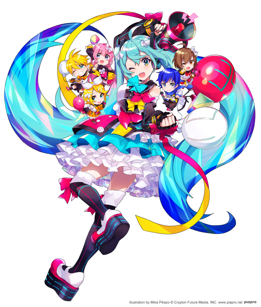 2boys 4girls :d ;d ahoge aqua_eyes aqua_hair balloon bare_shoulders blue_eyes blue_hair blush breasts brown_hair commentary_request detached_sleeves full_body grin hair_ribbon hatsune_miku headset highres kagamine_len kagamine_rin kaito_(vocaloid) long_hair looking_at_viewer magical_mirai_(vocaloid) magical_mirai_kaito magical_mirai_kaito_(2018) magical_mirai_len magical_mirai_len_(2018) magical_mirai_luka magical_mirai_luka_(2018) magical_mirai_meiko magical_mirai_meiko_(2018) magical_mirai_miku magical_mirai_miku_(2018) magical_mirai_rin magical_mirai_rin_(2018) megaphone megurine_luka meiko_(vocaloid) mika_pikazo multiple_boys multiple_girls official_art one_eye_closed open_mouth pink_hair ribbon sailor_collar short_hair simple_background sleeves_past_wrists smile teeth thighhighs twintails very_long_hair vocaloid white_background