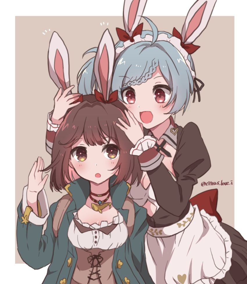 2girls :d :o animal_ear_hairband animal_ears apron atelier_(series) atelier_sophie blue_hair blush border braid braided_bangs brown_background brown_dress brown_eyes brown_hair commentary dress dressing_another fake_animal_ears hairband haruna_(citrus_love_i) highres jewelry juliet_sleeves long_hair long_sleeves looking_at_another maid maid_headdress multiple_girls necklace open_mouth outside_border puffy_sleeves putting_on_headwear rabbit_ear_hairband rabbit_ears red_eyes short_hair side_ponytail smile sophie_neuenmuller tess_heitzmann waist_apron white_apron white_border