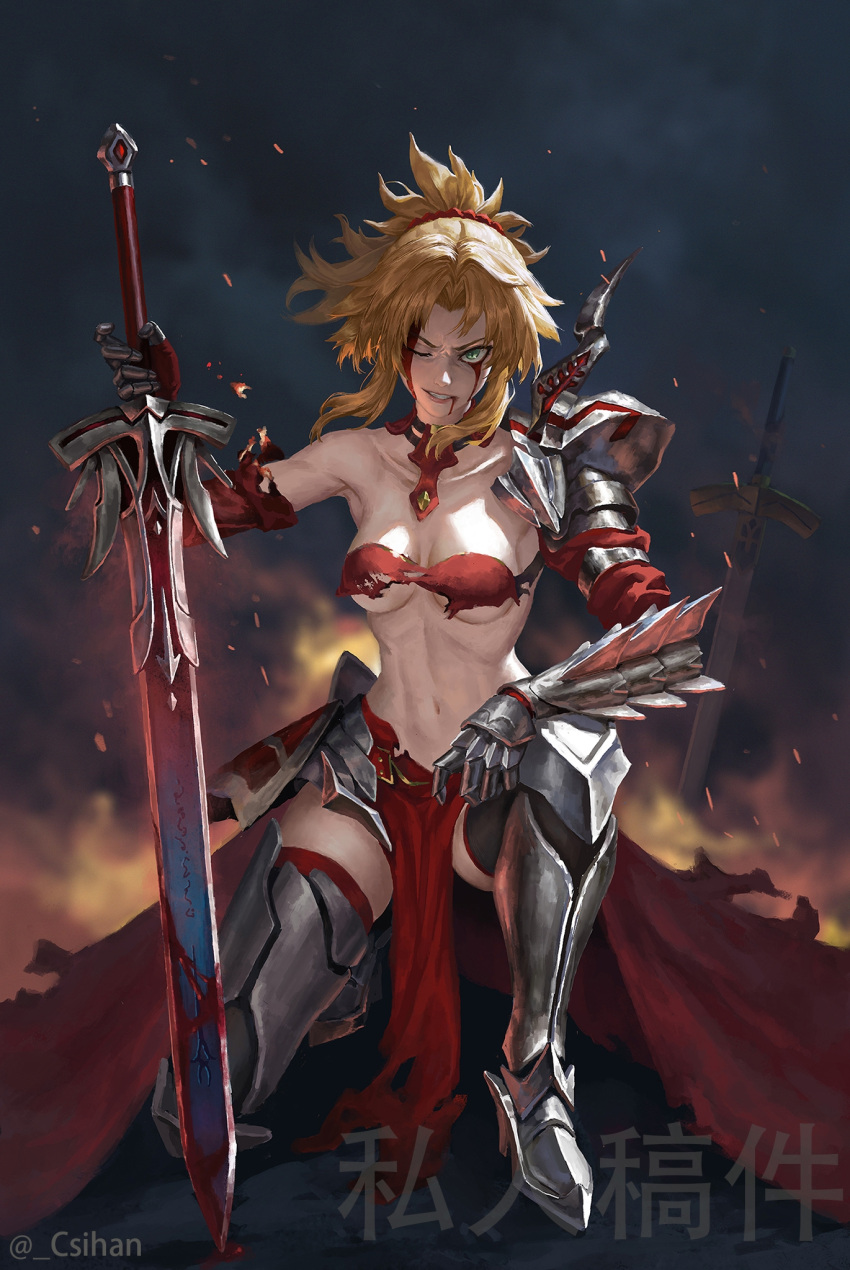 armored_boots blood blood_from_mouth blood_on_face blood_on_weapon boots breasts clarent_(fate) commentary_request csihan excalibur_(fate/stay_night) fate/apocrypha fate/grand_order fate_(series) female floating_hair green_eyes highres holding holding_sword holding_weapon injury looking_at_viewer mordred_(fate) mordred_(fate/apocrypha) navel on_one_knee one_eye_closed pelvic_curtain ponytail short_hair sidelocks small_breasts solo stomach sword torn_clothes twitter_username weapon