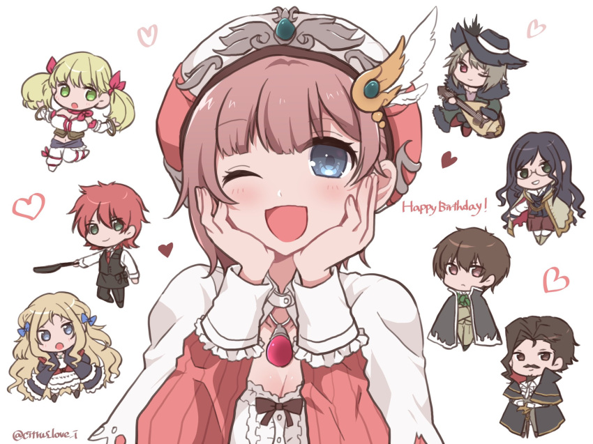 4boys 4girls :d ;d astrid_zexis atelier_(series) atelier_rorona black_hair black_hat blonde_hair blue_eyes bow breasts brown_hair capelet chibi cleavage closed_mouth commentary cuderia_von_feuerbach facial_hair full_body gio_(atelier_rorona) green_eyes hairbow hands_on_own_cheeks hands_on_own_face hands_up happy_birthday haruna_(citrus_love_i) hat heart highres iksel_jahnn jewelry lionela_heinze long_hair long_sleeves looking_at_viewer moustache multiple_boys multiple_girls necklace one_eye_closed open_mouth pink_hat rorolina_frixell short_hair smile solo_focus sterkenburg_cranach tristan_alcock twintails two_side_up upper_body white_background white_capelet