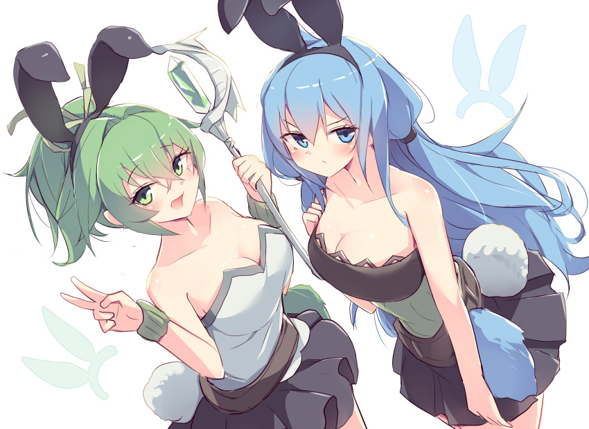 2girls absurdres adapted_costume animal_ears blue_eyes blue_hair breasts cleavage duel_monster dutch_angle eria_(yu-gi-oh!) eria_the_water_charmer fake_tail green_eyes green_hair highres holding holding_staff kanzakietc large_breasts multiple_girls ponytail pout rabbit_ears rabbit_tail smile staff tail v wynn_(yu-gi-oh!) wynn_the_wind_charmer yu-gi-oh!