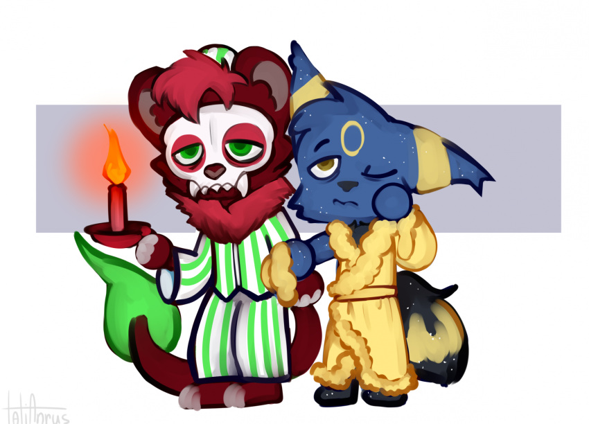 2024 anthro barefoot bent_arm black_nose black_tail blue_body blue_fur bottomwear brown_eyes brown_pupils candle candle_holder chamberstick cheek_tuft clothed clothed_anthro clothed_male clothing digital_drawing_(artwork) digital_media_(artwork) duo eeveelution facial_tuft fan_character featureless_hands feet felid feline fire fur generation_2_pokemon green_eyes green_pupils green_tail_tuft grey_inner_ear grey_nose hair half-closed_eyes hat headgear headwear hi_res holding_chamberstick holding_object lit_candle male mammal markings mask narrowed_eyes neck_tuft nightcap nintendo one_eye_closed pajamas pants pattern_bottomwear pattern_clothing pattern_hat pattern_headgear pattern_headwear pattern_pants pattern_shirt pattern_topwear pokemon pokemon_(species) pupils red_body red_fur red_hair robe rubbing_face shirt skull_mask standing striped_bottomwear striped_clothing striped_hat striped_headgear striped_headwear striped_pajamas striped_pants striped_shirt striped_topwear stripes tail tail_tuft tatianrus_kartowka thin_eyebrows tired tired_eyes topwear tuft umbreon white_bottomwear white_clothing white_pants white_shirt white_topwear yellow_clothing yellow_markings yellow_robe