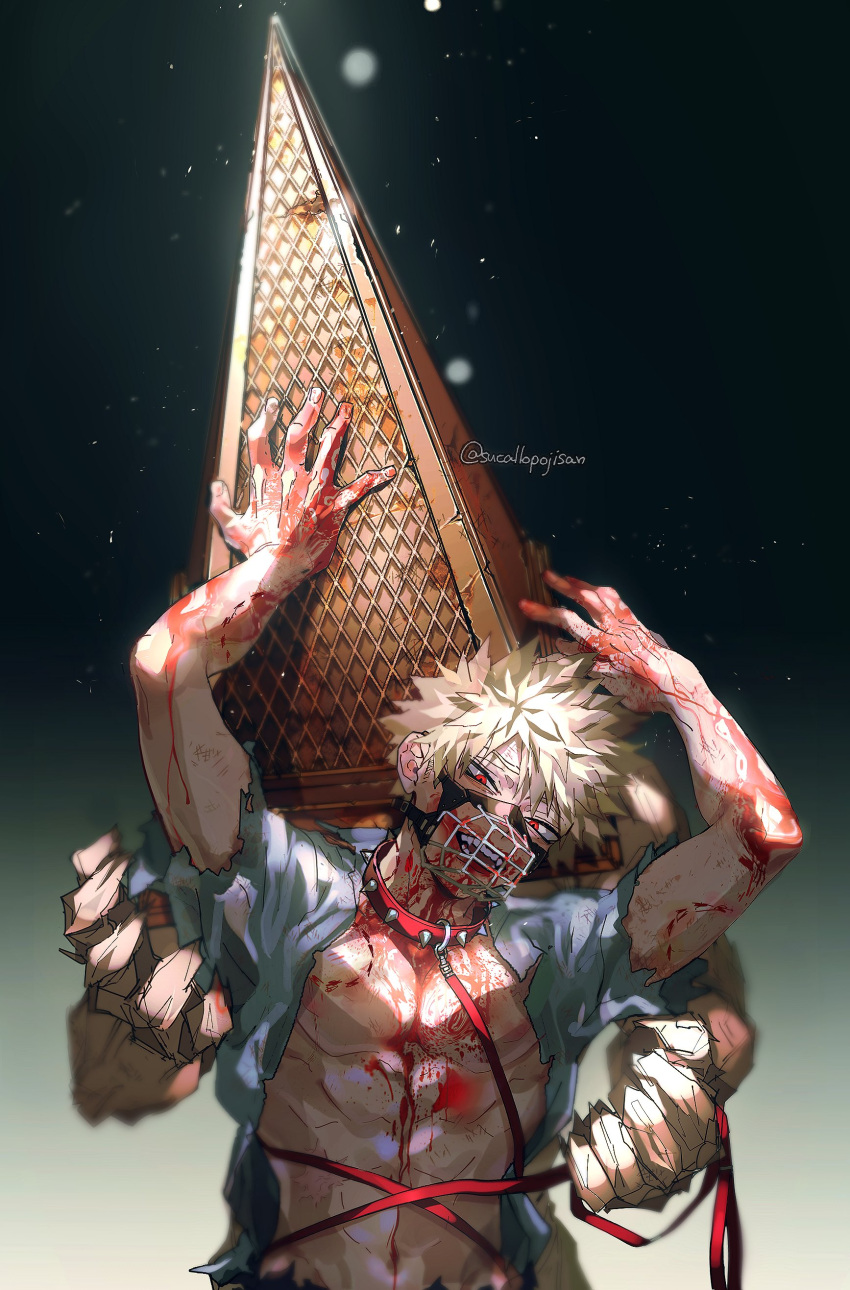 2boys absurdres animal_collar bakugou_katsuki blonde_hair blood blood_on_face boku_no_hero_academia collar cosplay highres holding holding_leash kirishima_eijirou leash male_focus multiple_boys muscular muscular_male muzzle open_mouth pectorals pyramid_head pyramid_head_(cosplay) red_eyes scallopojisan shirt short_hair silent_hill_(series) silent_hill_2 torn_clothes torn_shirt twitter_username upper_body white_shirt yaoi