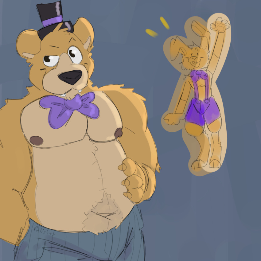 1:1 beard bow_tie clothing duo facial_hair five_nights_at_freddy's fredbear_(fnaf) fur hat headgear headwear hi_res lagomorph leporid male mammal palister35 purple_clothing rabbit scottgames spring_bonnie_(fnaf) top_hat yellow_body yellow_fur