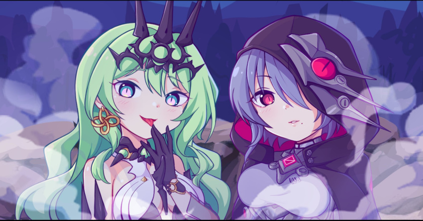 2girls aya_chan1221 bare_shoulders black_dress black_gloves black_hood black_tiara bodysuit breasts center_opening dress earrings gloves green_hair grey_bodysuit grey_hair hair_over_one_eye highres honkai_(series) honkai_impact_3rd jewelry large_breasts long_hair looking_at_viewer medium_breasts mobius_(honkai_impact) mole mole_under_mouth multiple_girls ouroboros raven_(honkai_impact) short_hair smoke snake tiara tongue tongue_out upper_body