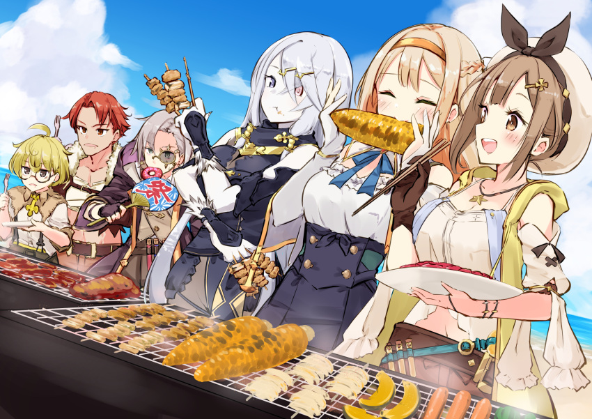 3boys 3girls :d atelier_(series) atelier_ryza atelier_ryza_1 beach beret blonde_hair blue_ribbon blue_skirt blue_sky breasts brown_eyes brown_gloves brown_hair chopsticks cleavage cloud cooking corn corn_cob day doughnut eating empel_vollmer food food_on_face glasses gloves grill grilling hair_ornament hairband hairclip hand_fan hands_up hat heterochromia highres holding holding_food holding_plate jewelry kebab klaudia_valentz large_breasts lent_marslink lila_decyrus long_hair meat minidraco mouth_hold multiple_boys multiple_girls necklace ocean open_mouth orange_hairband outdoors paper_fan plate red_hair reisalin_stout ribbon sausage shirt short_hair skirt sky smile standing star_(symbol) star_necklace tao_mongarten uchiwa white_hat white_shirt