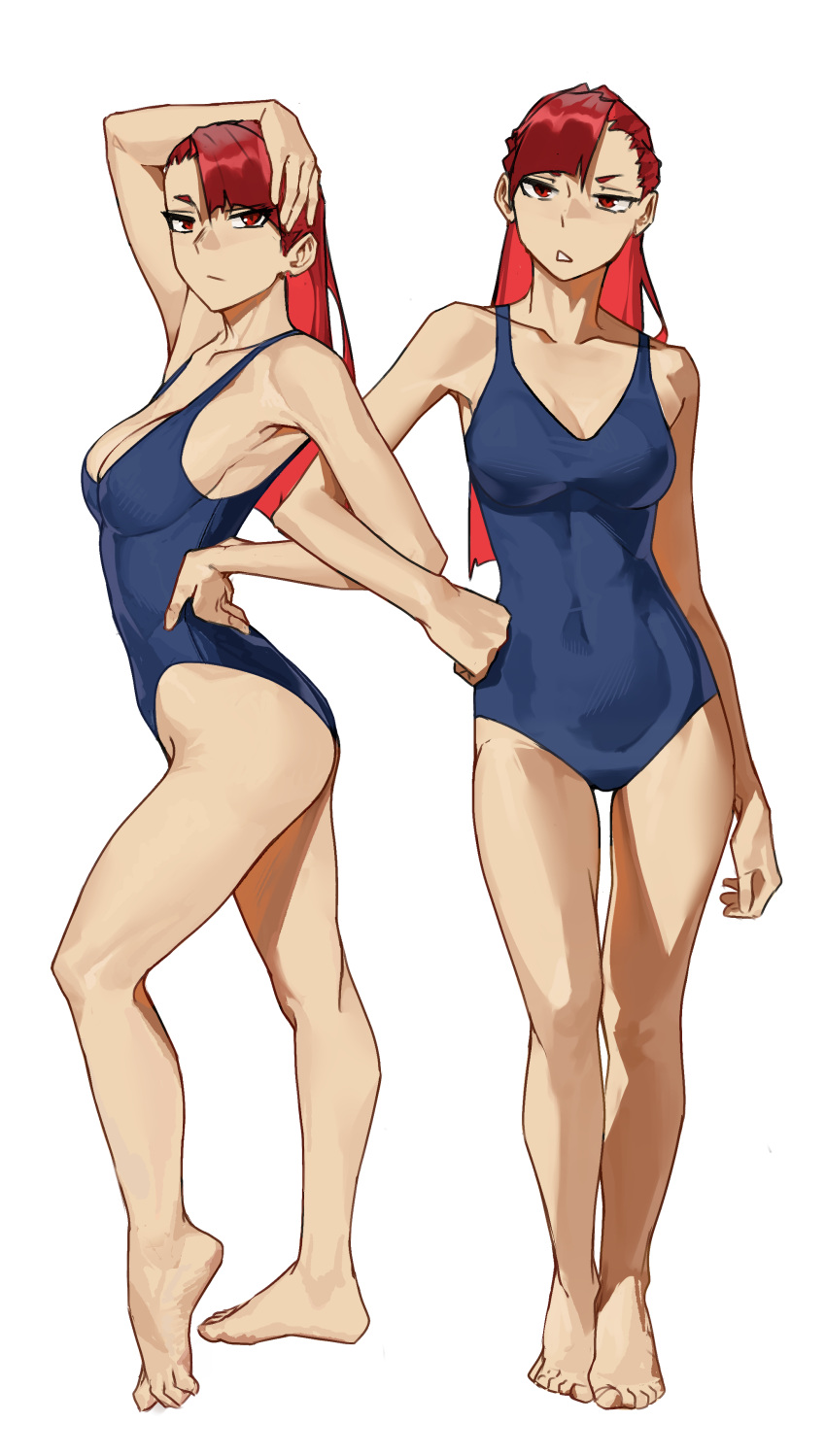 2girls :/ absurdres arm_at_side bare_arms bare_legs bare_shoulders barefoot blue_one-piece_swimsuit breasts cleavage closed_mouth commentary competition_swimsuit english_commentary feet full_body hand_on_own_head hand_on_own_hip highres large_breasts locked_arms long_hair looking_at_viewer multiple_girls one-piece_swimsuit original parted_lips red_eyes red_hair simple_background standing swimsuit tbocart teeth toes white_background