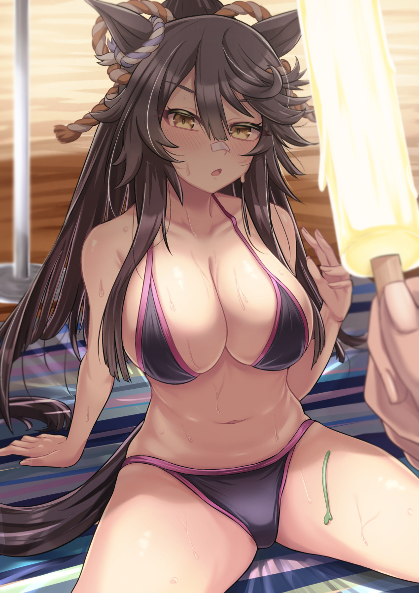 absurdres animal_ears bandaid bandaid_on_face bandaid_on_nose beach_towel beach_umbrella bikini black_bikini black_hair breasts cleavage commentary_request disembodied_hand ear_ornament female food highres horse_ears horse_girl horse_tail large_breasts long_hair looking_at_viewer narita_brian_(umamusume) navel open_mouth ponytail popsicle rope shimenawa sidelocks solo_focus stomach straw_(stalk) sweat swimsuit tail teaclaw towel umamusume umbrella very_long_hair yellow_eyes