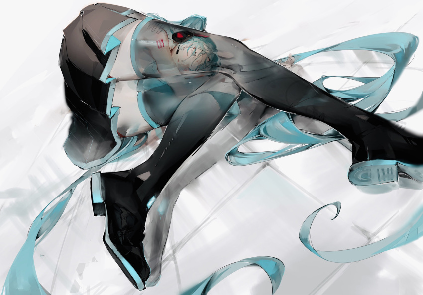 absurdres aqua_eyes aqua_hair aqua_necktie arm_tattoo black_footwear black_skirt boots double_exposure hatsune_miku highres knees_together_feet_apart long_hair looking_at_viewer lying necktie number_tattoo on_side pleated_skirt see-through shoe_soles skirt suashi tattoo thigh_boots very_long_hair vocaloid zettai_ryouiki