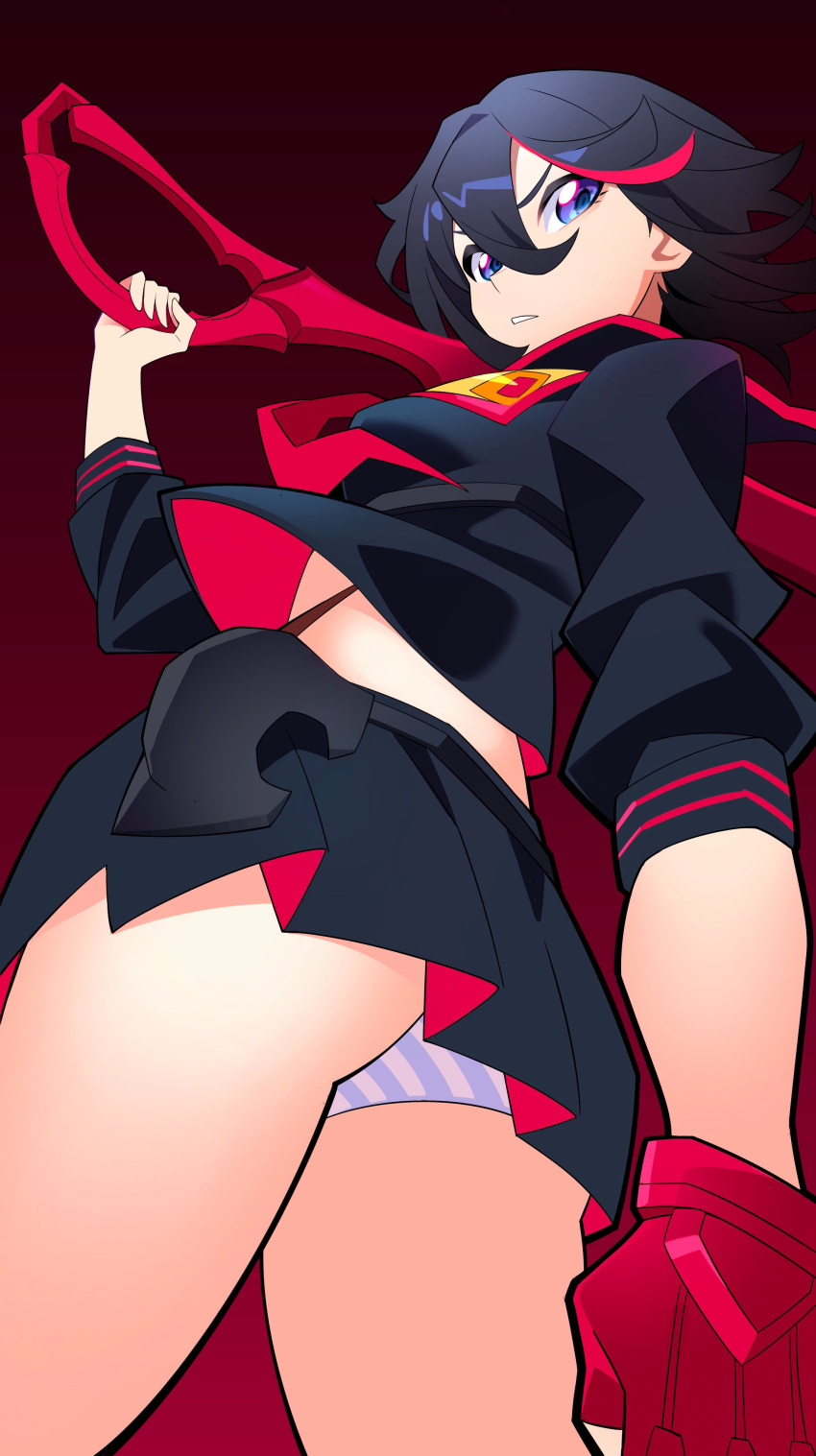 absurdres ass black_hair black_shirt black_skirt blue_eyes cowboy_shot crop_top female fingerless_gloves gloves gradient_background green_panties hair_between_eyes highres holding holding_scissors kill_la_kill long_sleeves matoi_ryuuko miniskirt panties pleated_skirt red_background red_gloves red_hair red_shirt scissor_blade_(kill_la_kill) scissors senketsu shirt short_hair skirt striped_clothes striped_panties teeth tlotro two-tone_shirt underwear white_panties