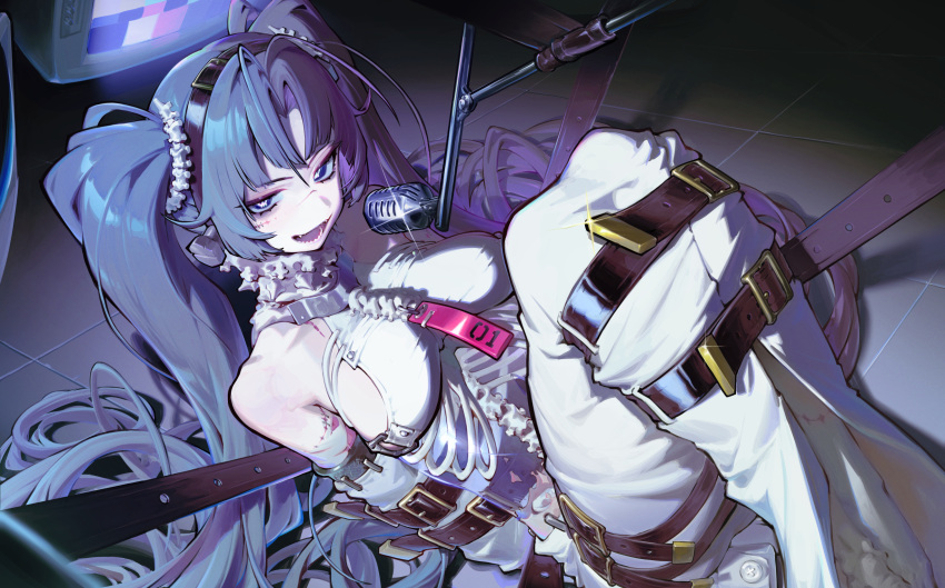 aqua_eyes aqua_hair armbinder belt belt_buckle bound bound_arms bound_legs breasts buckle commentary_request female hatsune_miku highres legbinder long_hair looking_at_viewer medium_breasts microphone object_through_head ribs scar scar_on_face screw_in_head see-through_body sharp_teeth sideboob skeleton solo spine straitjacket teeth twintails very_long_hair vocaloid waterswing