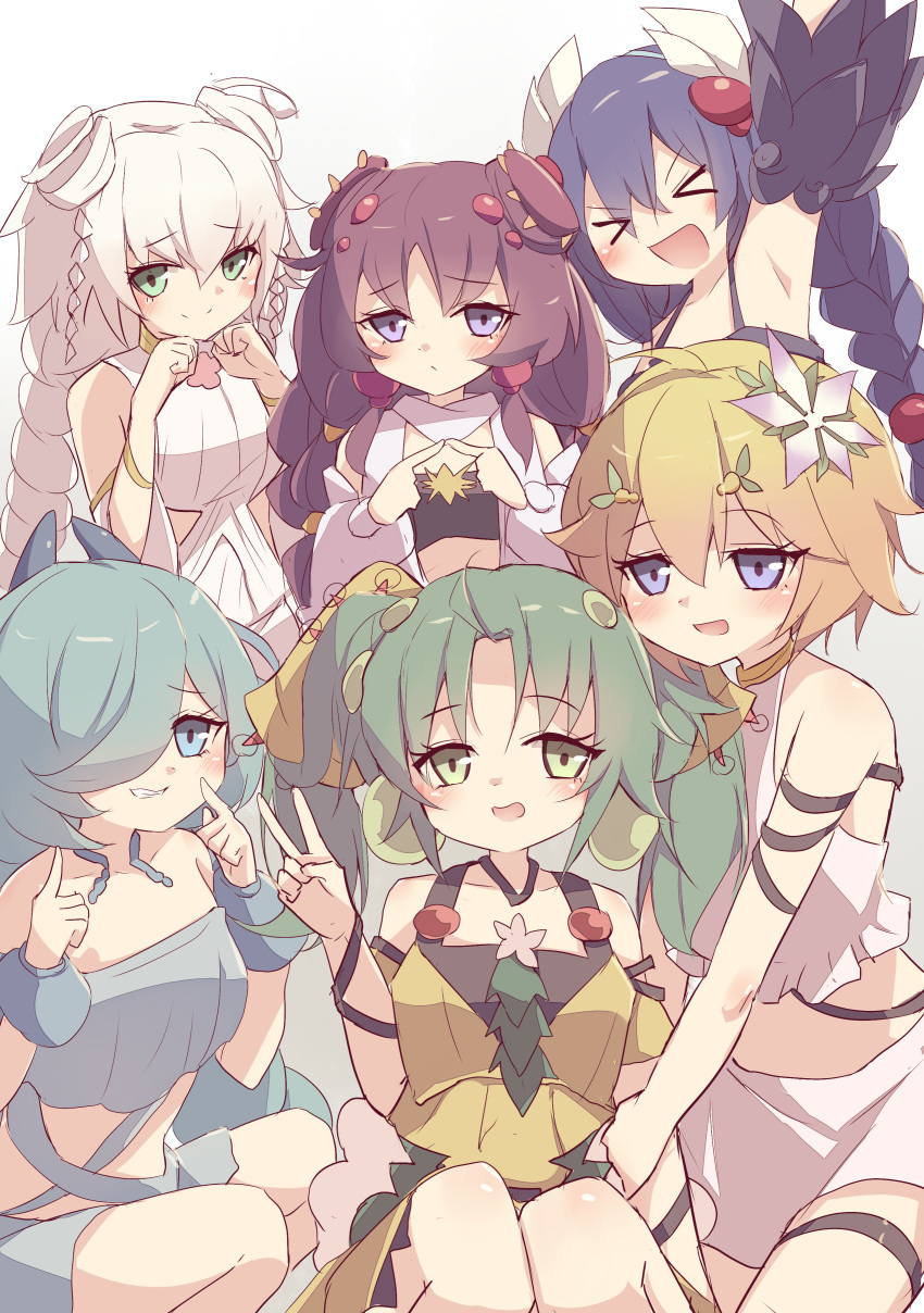 >_< 6+girls absurdres arm_up armpits blonde_hair blue_eyes blue_hair duel_monster green_eyes green_hair grey_hair highres kanzakietc midriff multiple_girls purple_eyes purple_hair red_hair smile traptrix_arachnocampa traptrix_atrax traptrix_atypus traptrix_genlisea traptrix_pudica traptrix_sera twintails v yu-gi-oh!