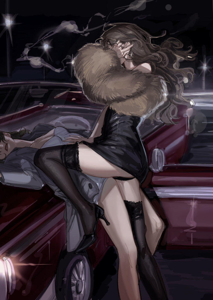 2girls black_dress black_footwear black_panties black_thighhighs brown_hair car deerwhisky dress earrings grey_jacket hand_on_another's_stomach high_heels highres jacket jewelry leg_between_thighs leg_up long_hair motor_vehicle multiple_girls night on_car original outdoors panties parted_lips red_lips ring shirt smoking stole thighhighs underwear upskirt white_shirt yuri