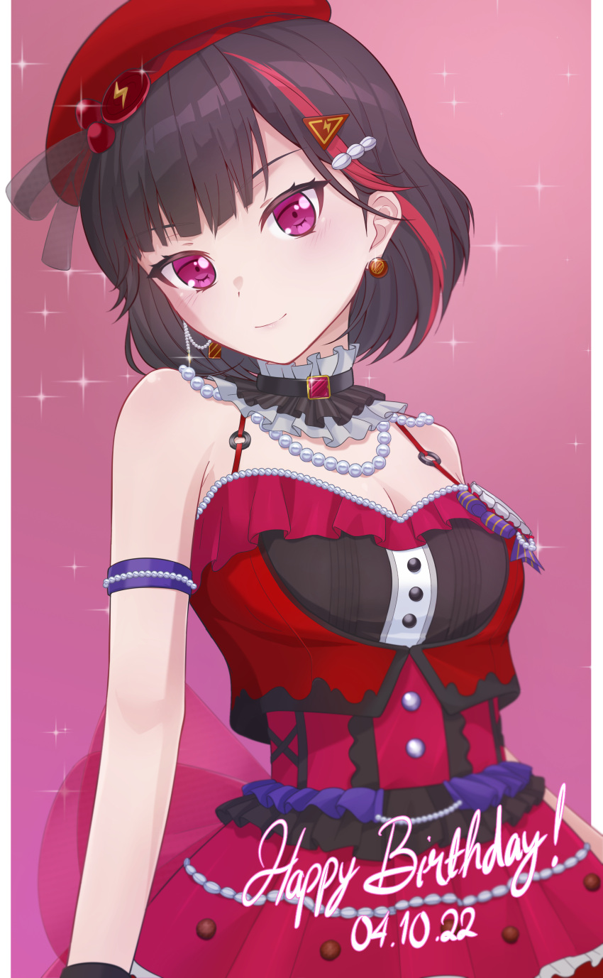 absurdres armlet bang_dream! bead_necklace beads beret black_choker black_hair blush breasts choker cleavage closed_mouth commentary cowboy_shot dated dress earrings english_commentary female frilled_dress frills hair_ornament happy_birthday hat highres ikko15 jewelry letterboxed looking_at_viewer medium_breasts mitake_ran multicolored_hair necklace outside_border pink_background pink_eyes red_brooch red_dress red_hat red_streaks short_hair solo sparkle streaked_hair