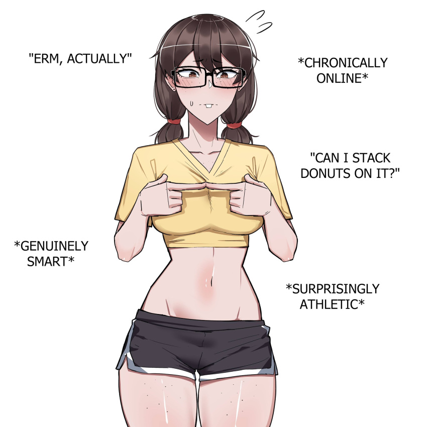 ackchyually_(meme) black-framed_eyewear black_shorts blush breasts buck_teeth commentary cowboy_shot dolphin_shorts english_commentary english_text female freckles glasses highres index_fingers_together jimiko meme midriff mole mole_on_breast mole_on_thigh multiple_moles navel nerd_emoji nervous_sweating original short_hair short_shorts short_twintails shorts stephanie_(ti_keep) sweat teeth ti_keep twintails